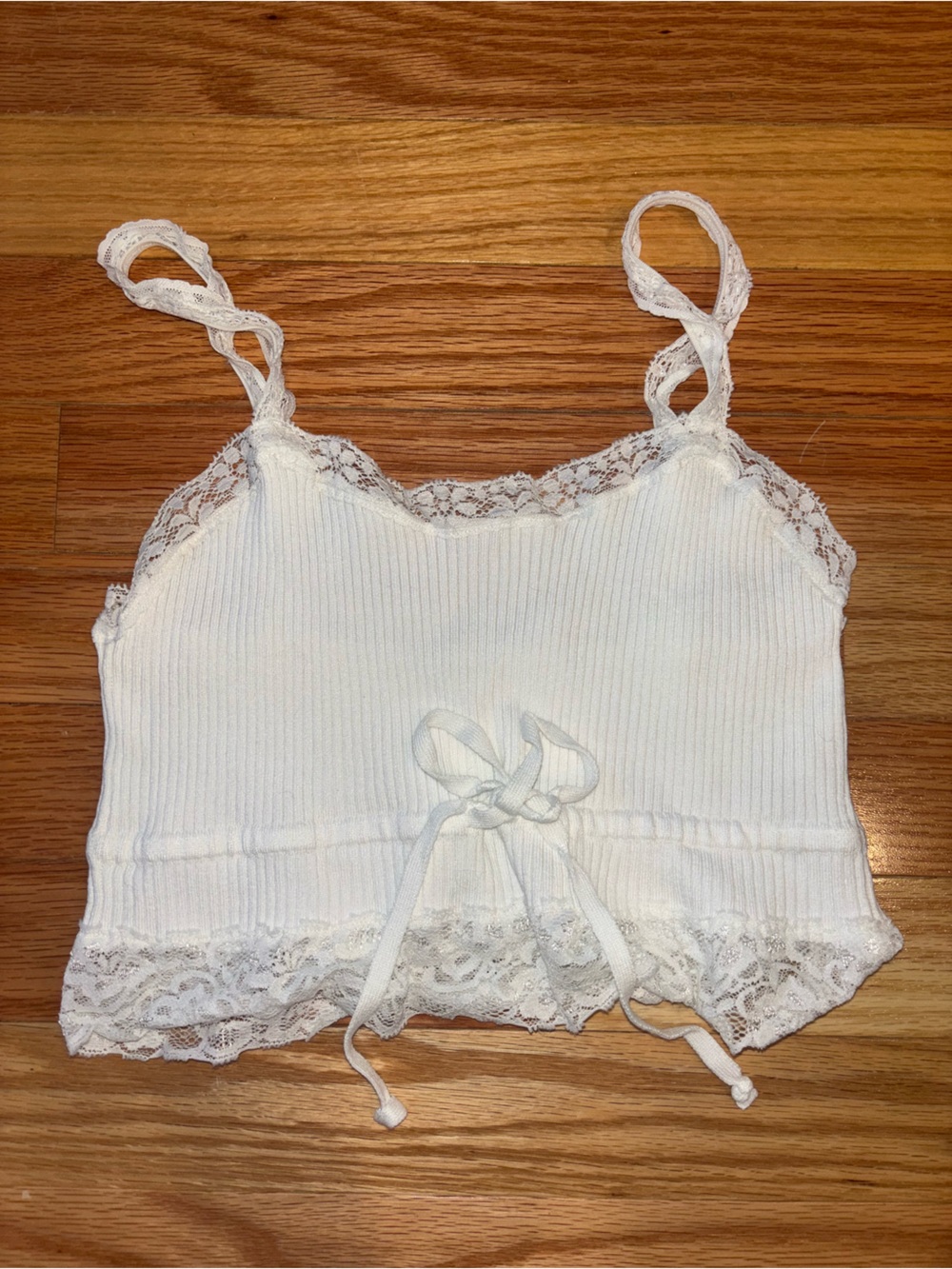 Garage White Ribbed Lace-Trim Cropped Cami